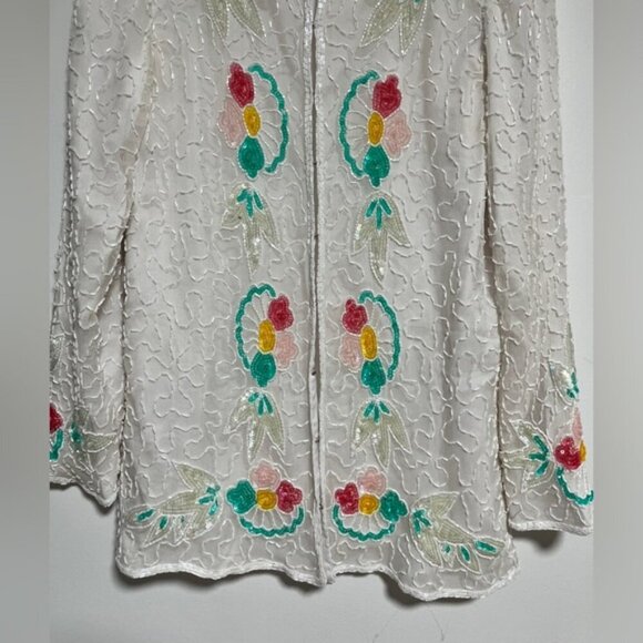 Vintage Cervelle White Beaded Floral Jacket – 100% Silk, Made in India, Small - Picture 12 of 13